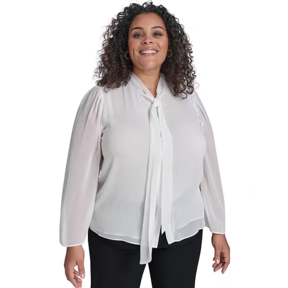 Calvin Klein Womens White Tie Neck Button Down Long Sleeve Blouse Size L